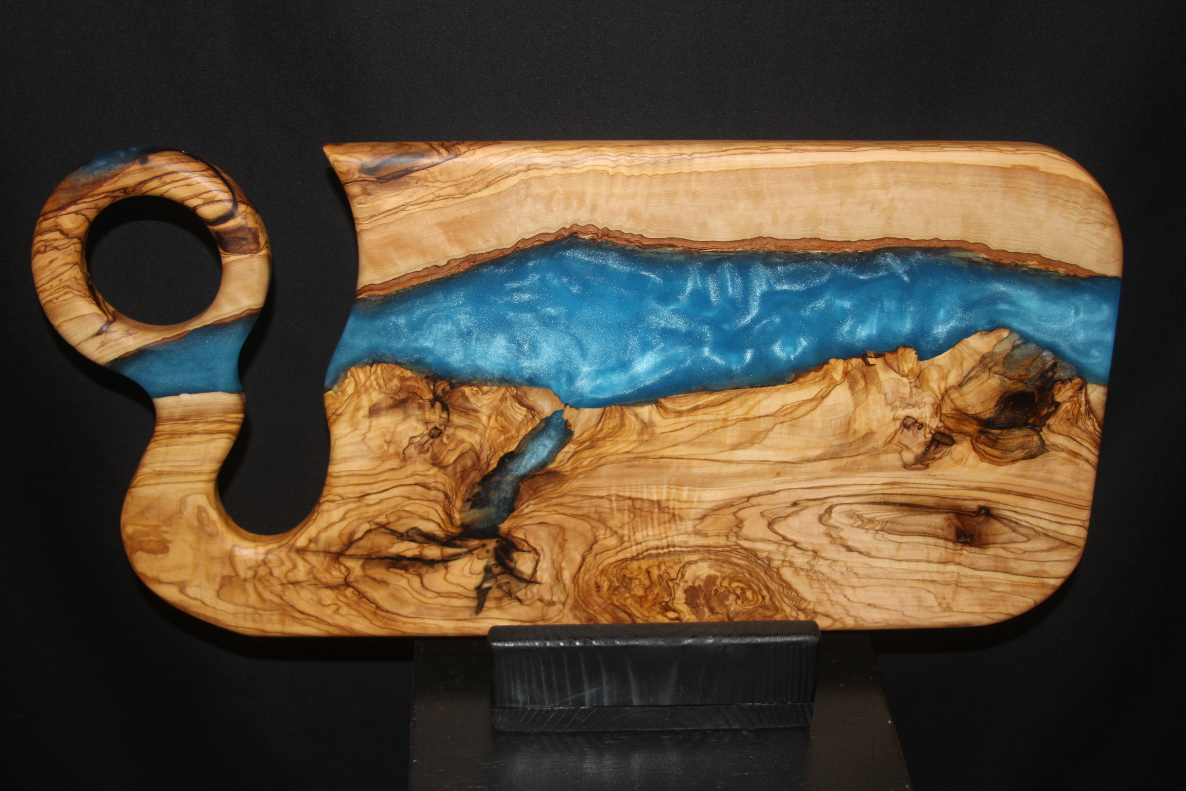 D12) Charcuterie Board of outlet old-growth redwood burl and cypress, with abalone shells inlaid in ocean blue epoxy and end-capped with oak.