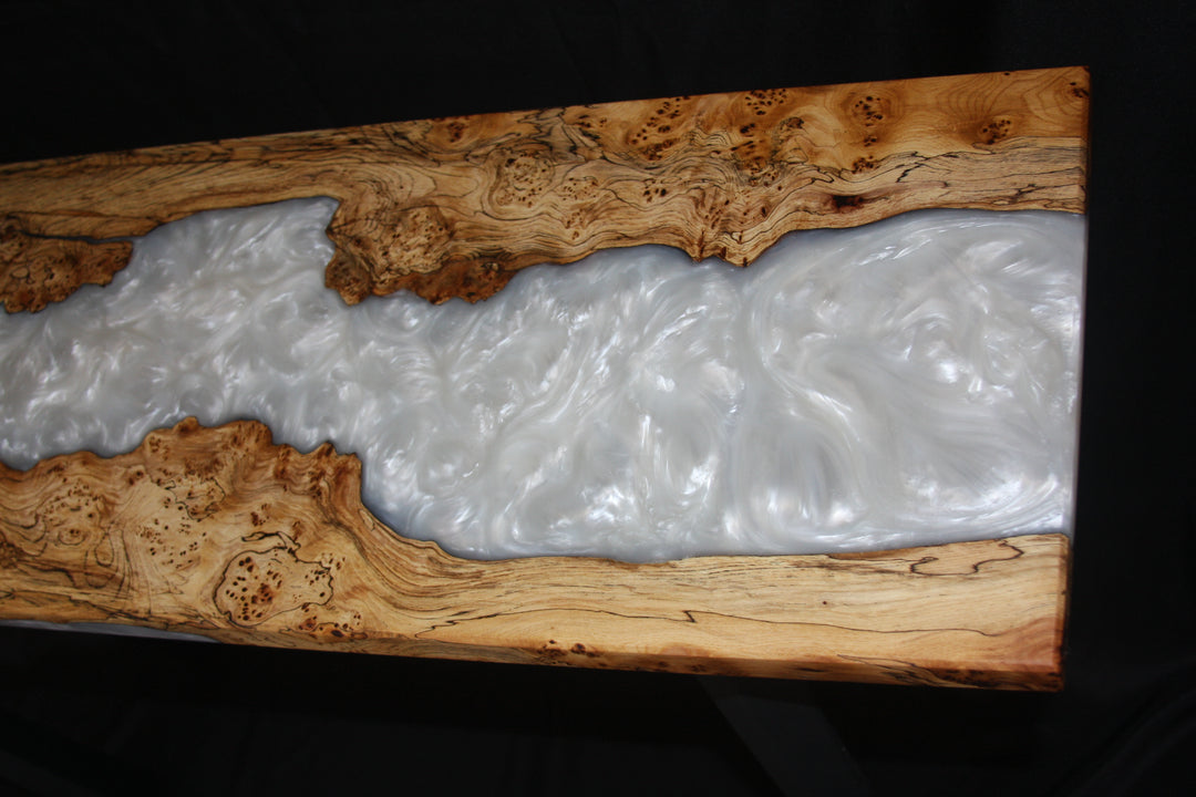 American burl elm with pearl white epoxy entry/hall/sofa river table
