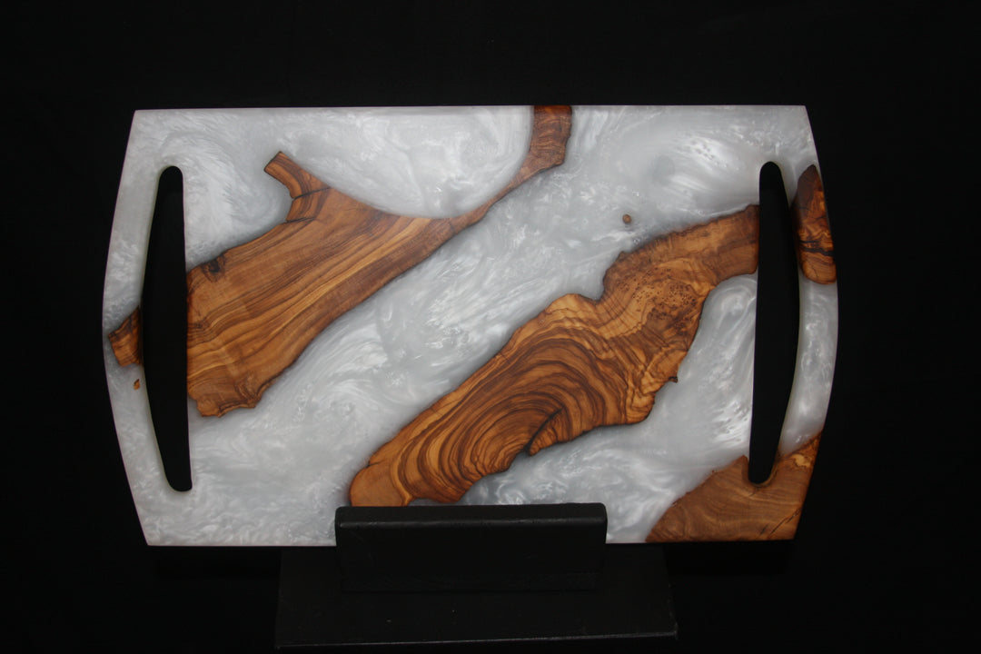Ancient olivewood and pearl white epoxy charcuterie board double handle design