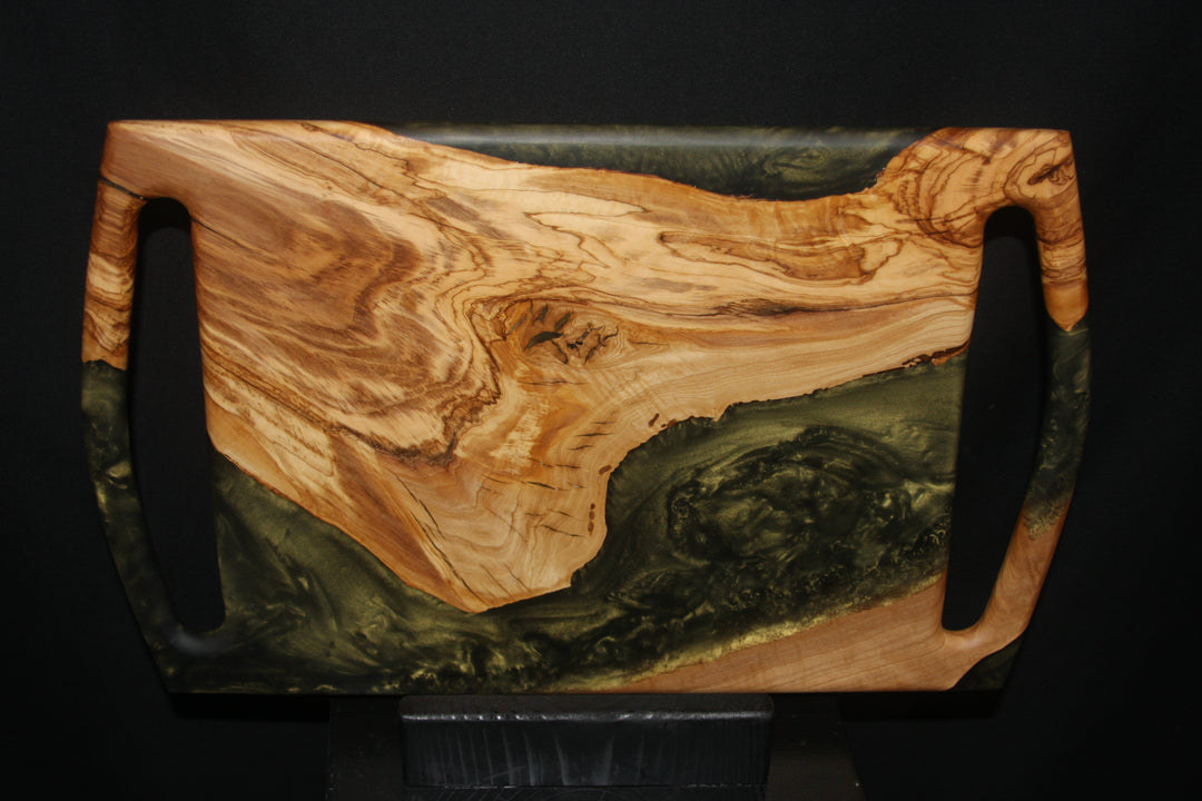 Ancient olivewood with Army green epoxy resin double handle charcuterie board