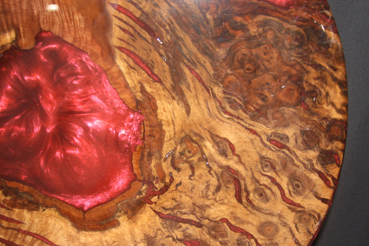 Claro walnut cluster burl with blood red epoxy resin and high gloss pour over finish