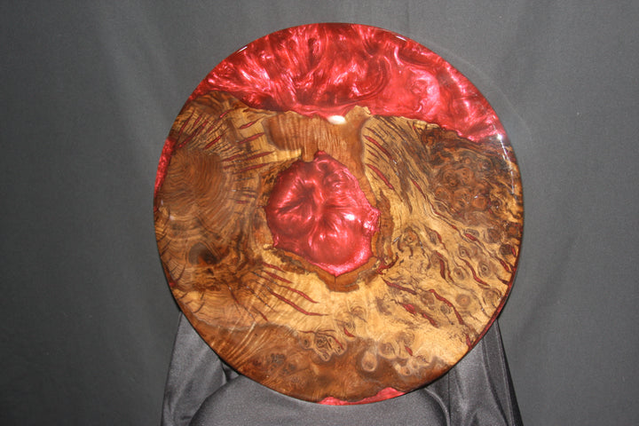 Claro walnut cluster burl with blood red epoxy resin and high gloss pour over finish