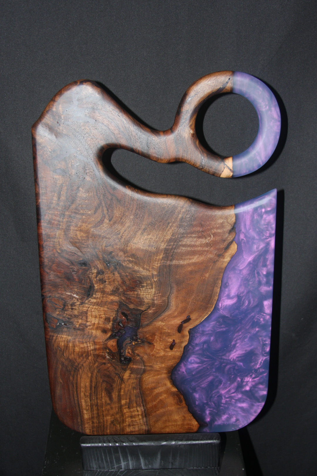 Amazingly figured claro walnut with purple epoxy resin charcuterie board