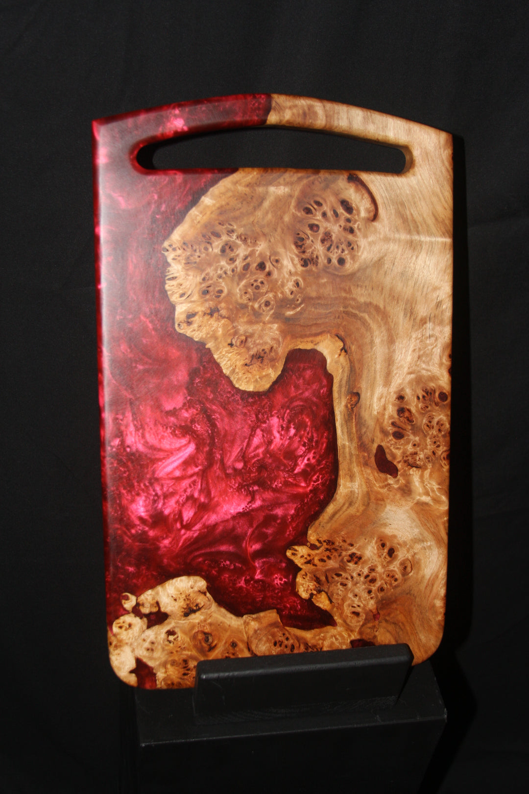 Highly figured cinnamon burl with blood red epoxy resin charcuterie board