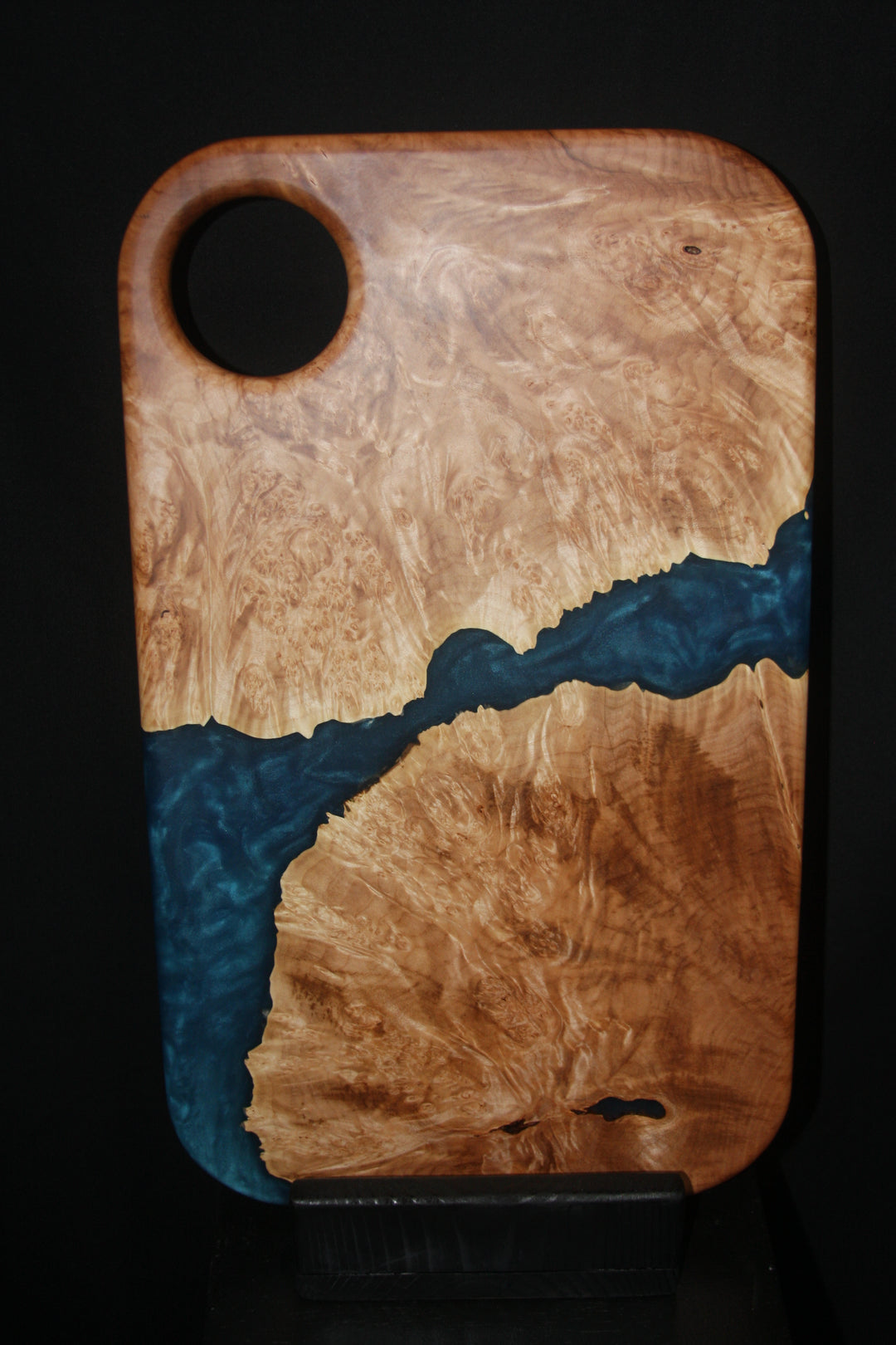 Highly figured maple burl with deep blue epoxy resin charcuterie board