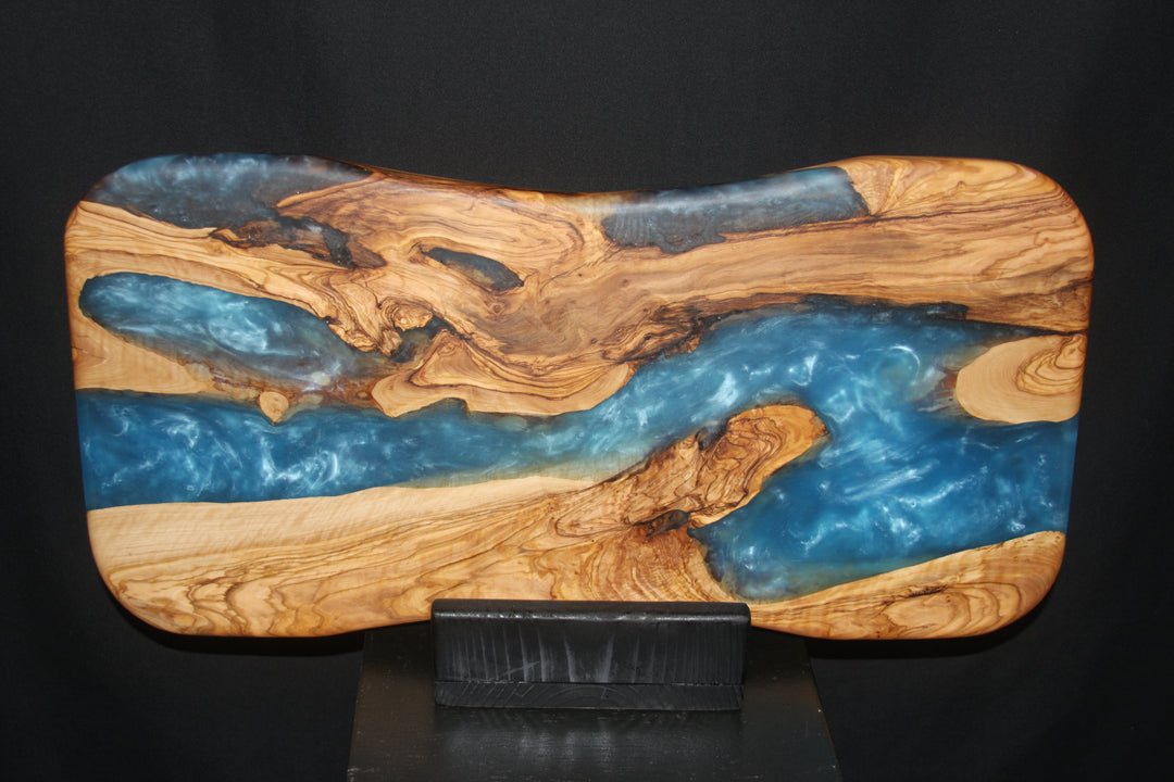 Ancient Old Growth Olivewood with Ocean Blue swirling epoxy resin charcuterie/serving board