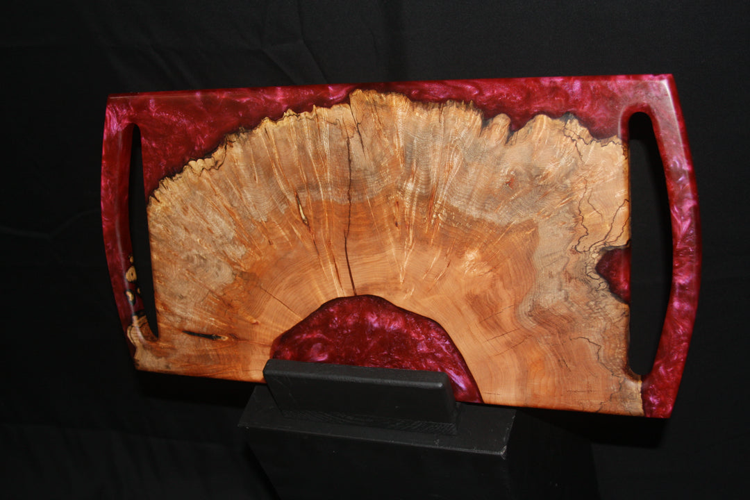 Spalted maple burl with dragons blood red epoxy resin double handle design charcuterie board