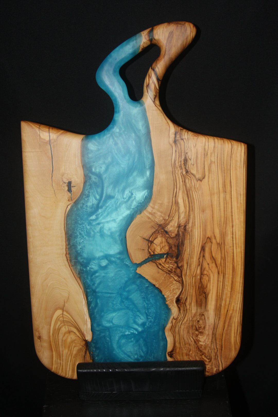 Ancient olivewood with aqua blue epoxy resin charcuterie board